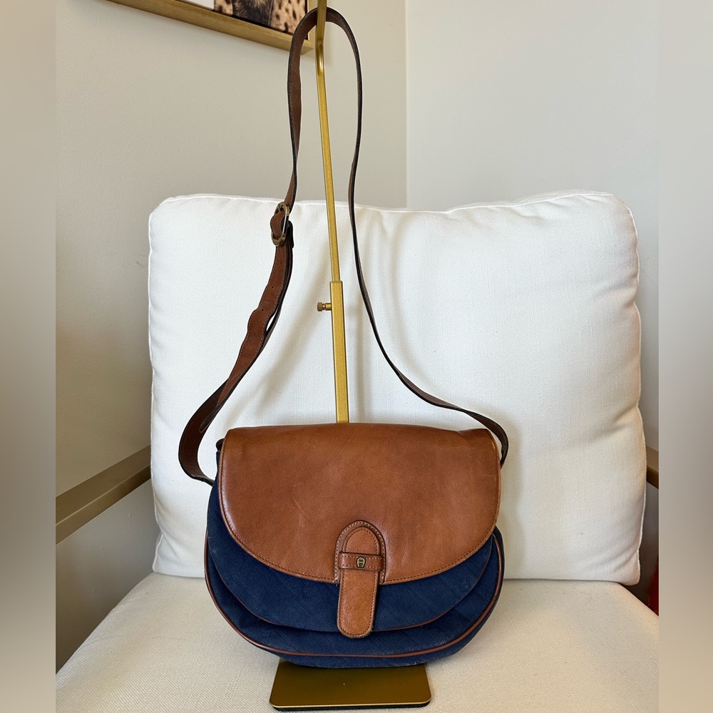 Etienne Aigner Vintage tan brown leather and denim fabric crossbody bag